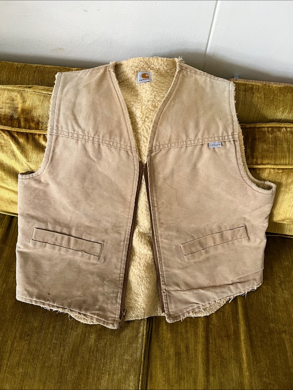 Carhartt Tan Sherpa-Lined Canvas Vest Mens size Large Vintage Made in USA